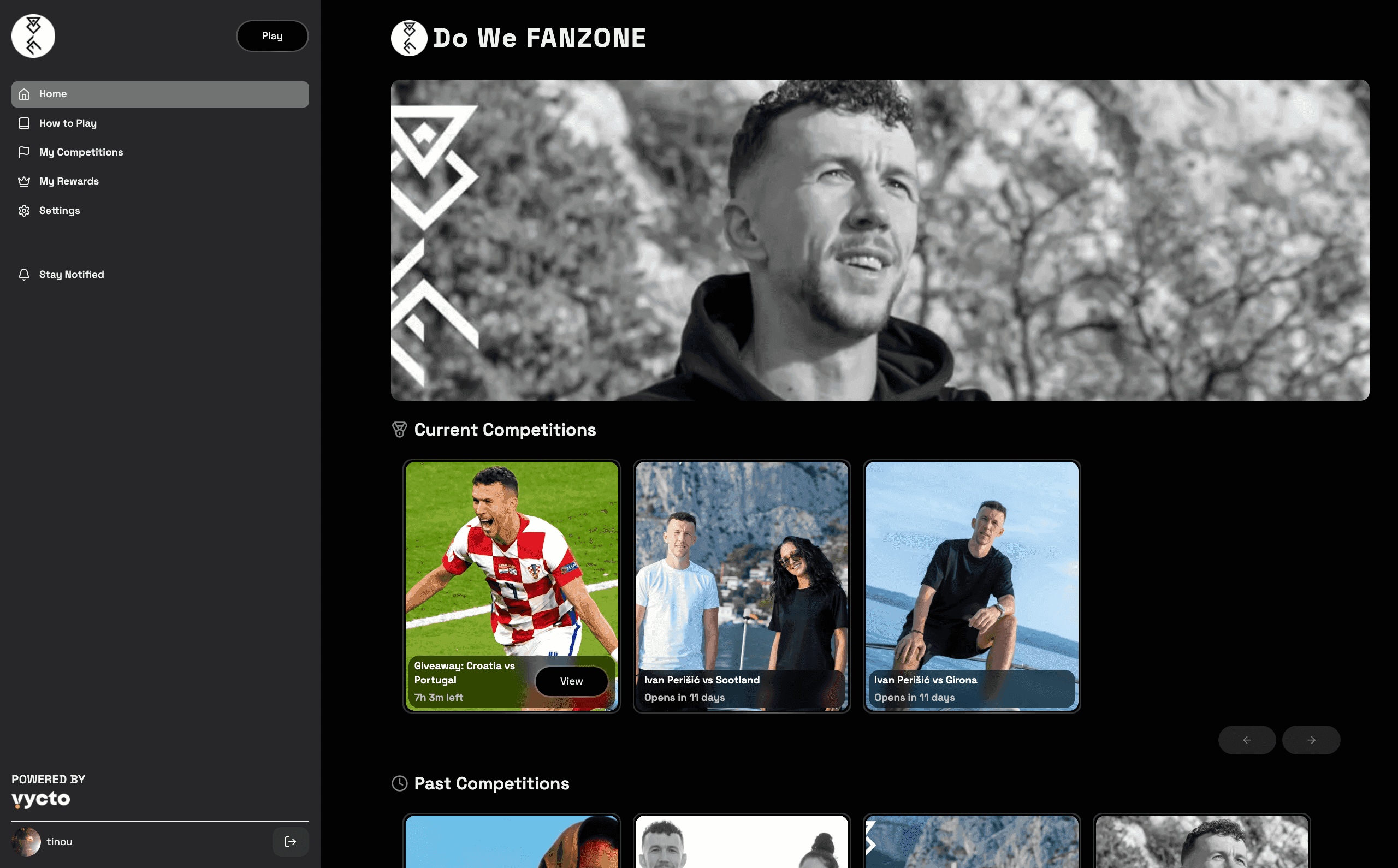 A branded Playground OS fan zone with current competitions